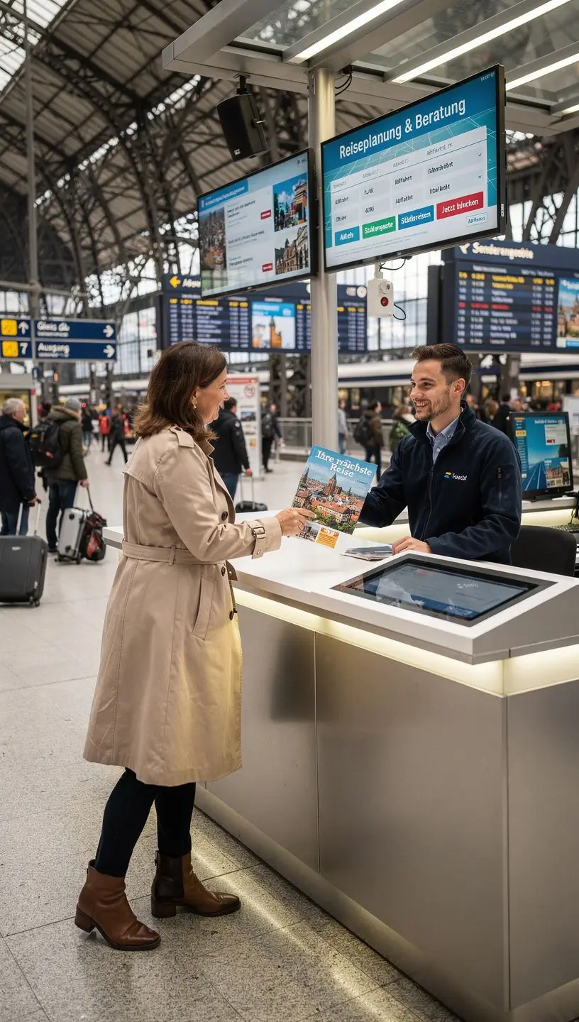 Moderne Büroeinrichtung eines Reiseplanungsbüros mit Bildschirmen, die deutsche Städte und Verkehrsrouten zeigen